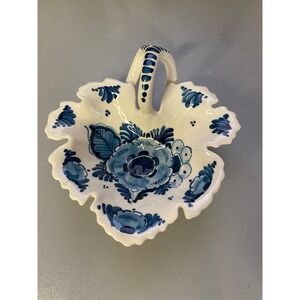 Handpainted Delft Holland USA Leaf Trinket Dish Candy Nut Bowl Blue White